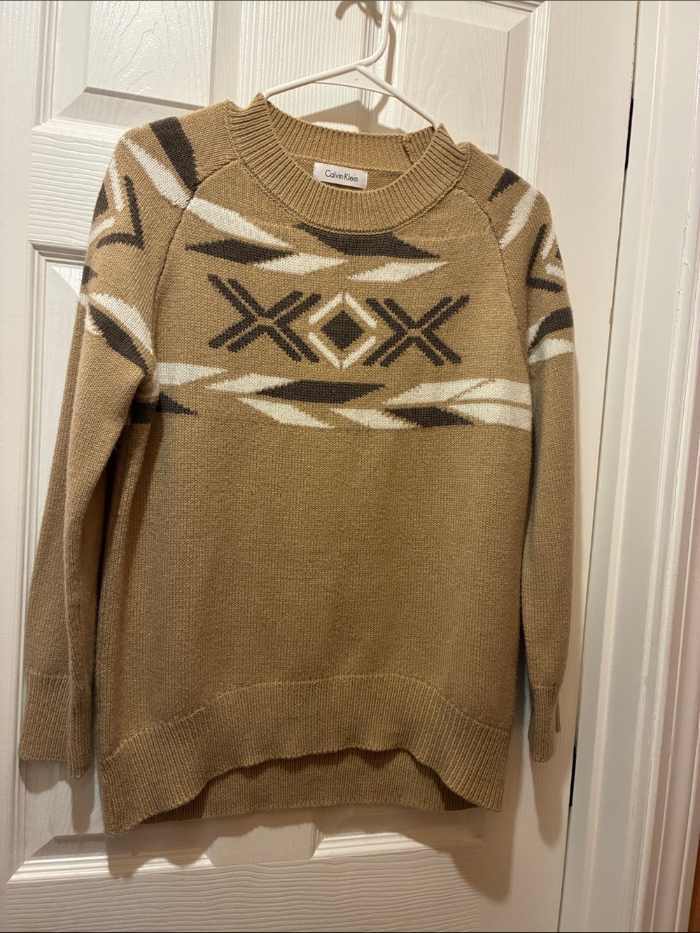 Calvin Klein Women's Camel Aztec-Pattern Crewneck Sweater.